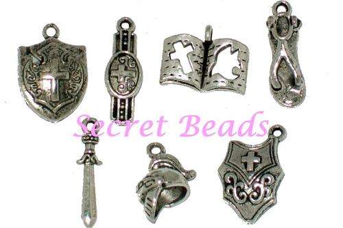 Antique Silver Armour of God charm set - 7 charms per set