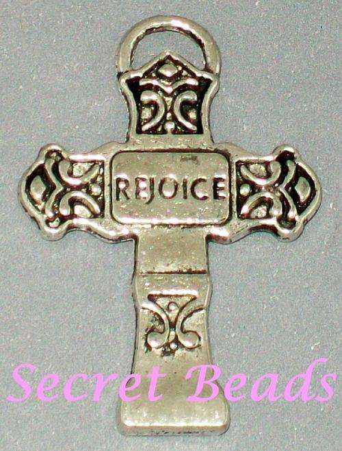 Antique Silver "Rejoice" Cross Charm / Pendant - 1pc