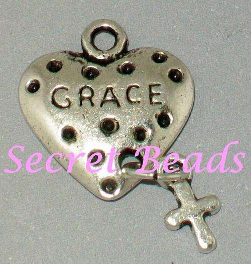 Antique Silver "Grace" & Cross Charm (Single-sided) - 1pc