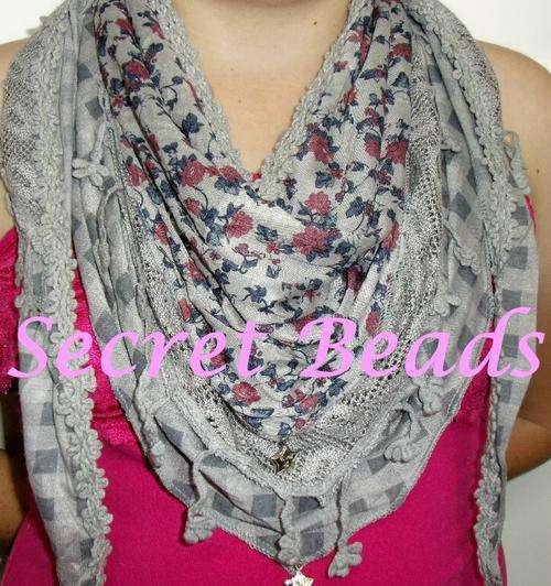 *Half Price* 3-layered 100% Cotton "Okari" Scarf -  Shades of Grey with Rose Pink Flower Design
