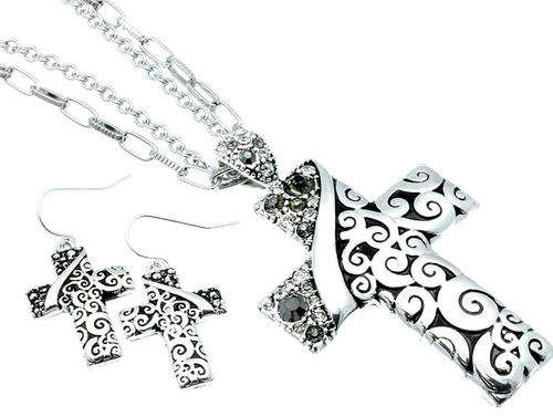 Antique Silver Cross Necklace & Earring Set - Black/Smoky Crystal Insets (1set)