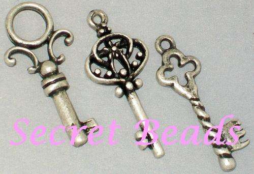 Antique Burnished Silver 3-piece Key Charm Set