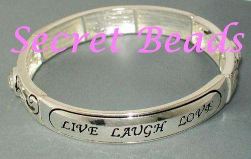 "Live, Laugh, Love" Antique Silver STRETCH Bracelet - Clear Crystal Insets (1pc)