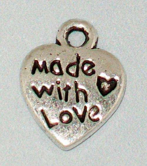 Antique Silver Double sided Heart Charm - "Made with Love" - 1pc