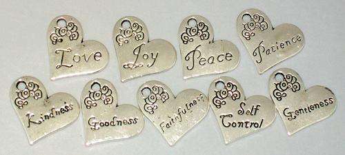 9 pieces - Antique Silver Heart Fruits of the Spirit Charm