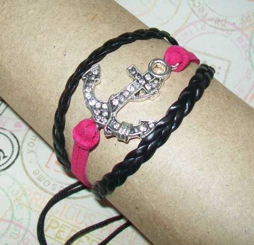 *** CLEARANCE SALE ***  Anchor Infinity Bracelet with Clear Crystals - Pink & Black cord