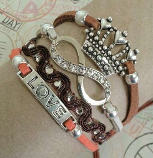 *** CLEARANCE SALE ***  Infinity Bracelet with Clear Crystals - Brown, Burned Orange, Beige, Tan