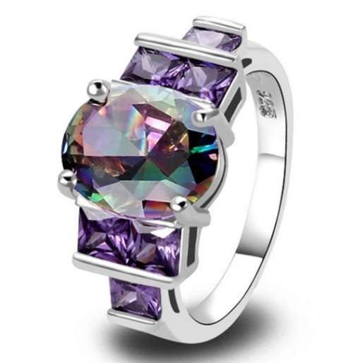 AAA CZ Lab unisex Vogue Jewelry Rainbow topaz Gems 18K White Gold Plated Silver Fashion Ring - Size