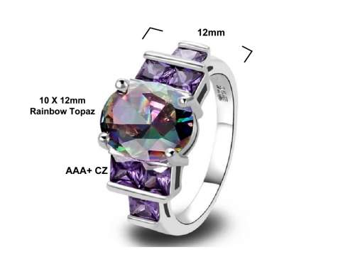 AAA CZ Lab unisex Vogue Jewelry Rainbow topaz Gems 18K White Gold Plated Silver Fashion Ring - Size