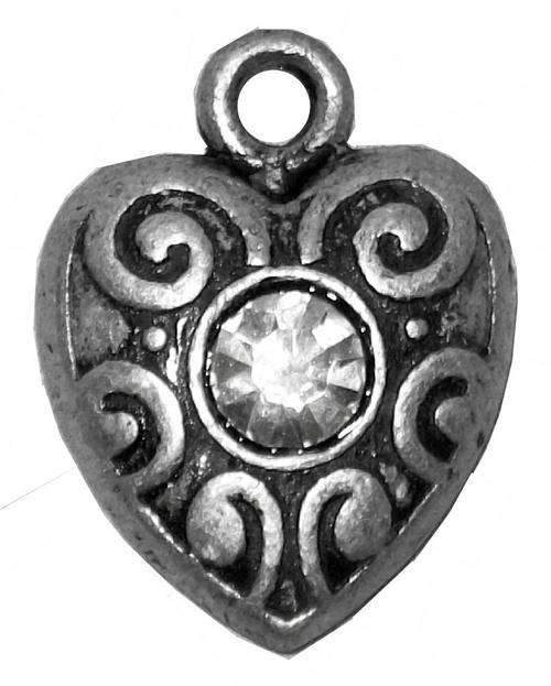 Ant. Nickel Heart Charm / Pendant - White Diamante