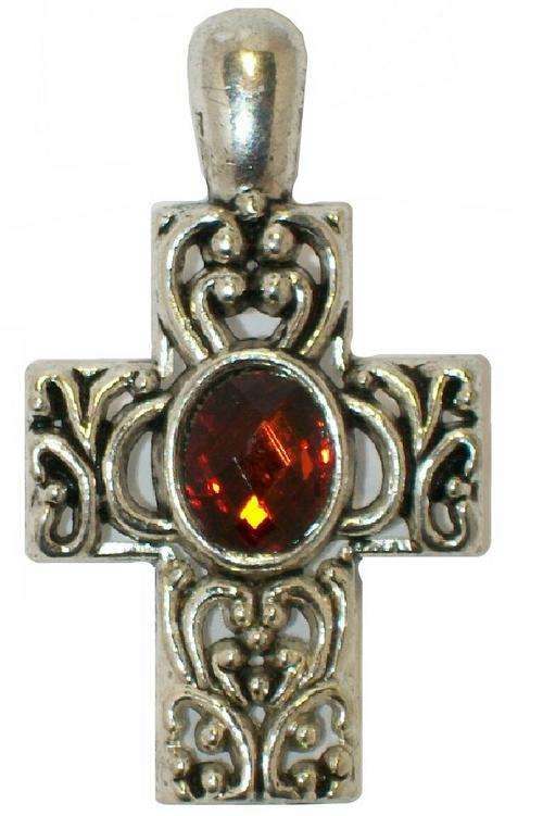 Silver Clip on Cross Pendant - Amber / Brown Faceted Glass