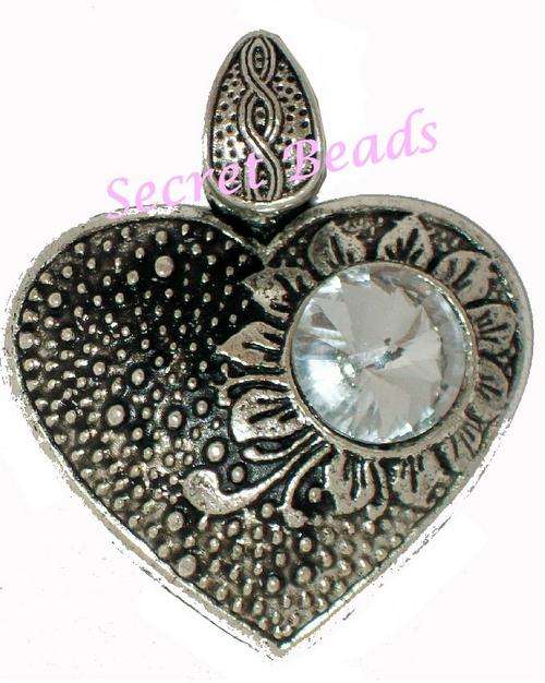 Ant. Silver Clip on Heart Pendant -  Clear Diamante