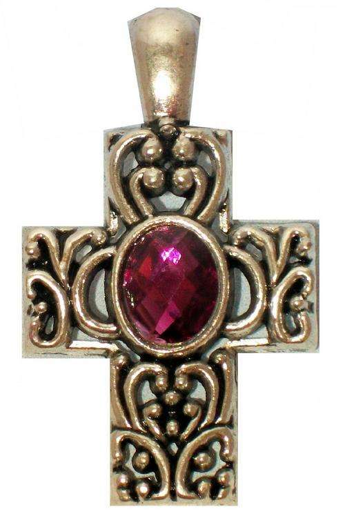 Nickel Clip on Cross Pendant - Cherise Pink  Faceted Glass