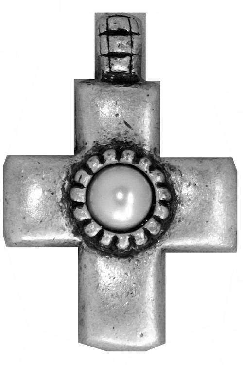 Burnished Silver Clip on Cross Pendant - White Pearl