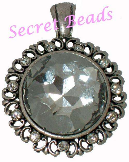 Ant. Silver Clip on Pendant - Clear Faceted Glass