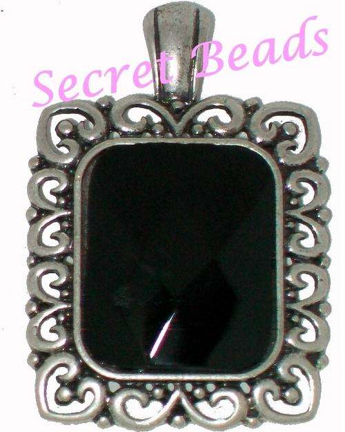 Ant. Silver Clip on Pendant - Black Faceted Glass