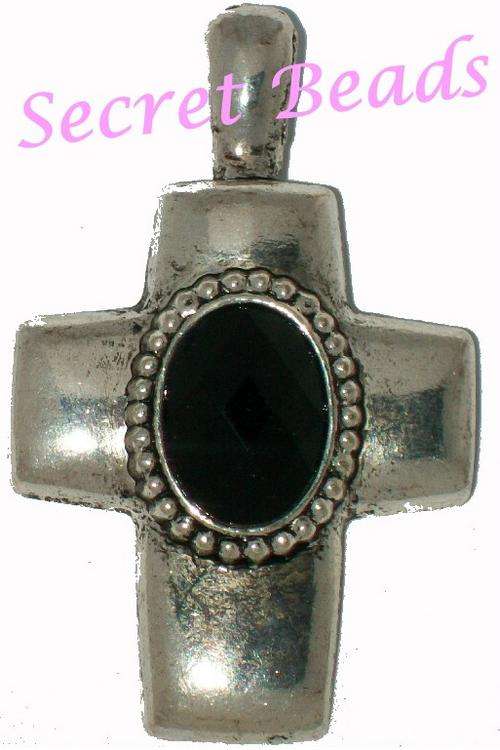 Ant. Silver Clip on Cross - Black Faceted Rhinestone