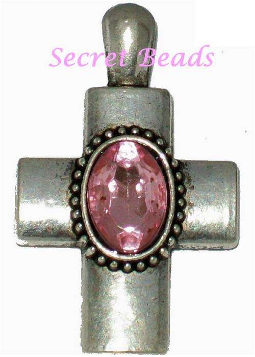 Cross Pendant - Clip on Ant. Silver - Pink Faceted Glass