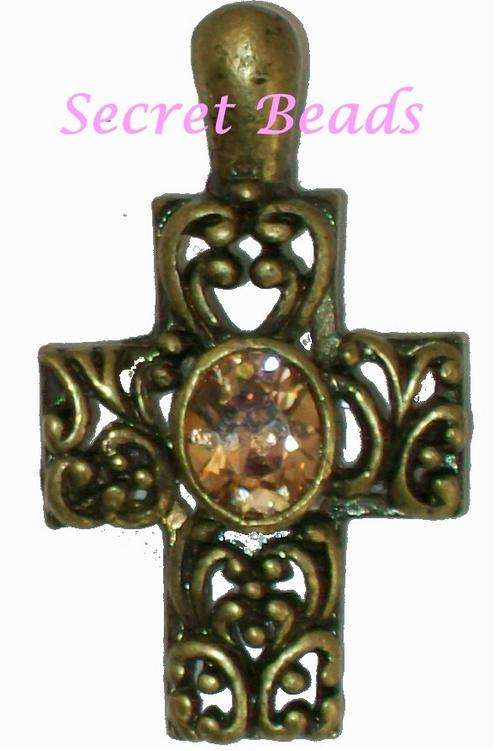 Ant. Bronze Clip on Cross Pendant - Champagne Crystal Cut Glass