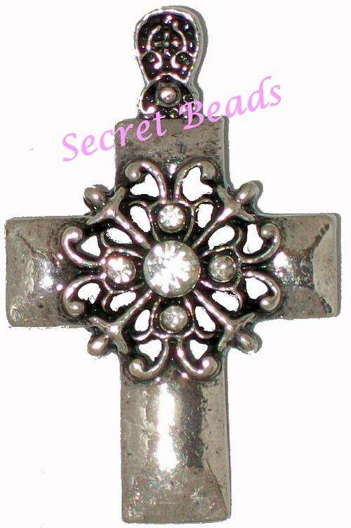 Ant. Silver Clip on Cross Pendant - Clear Diamante - 1pcs