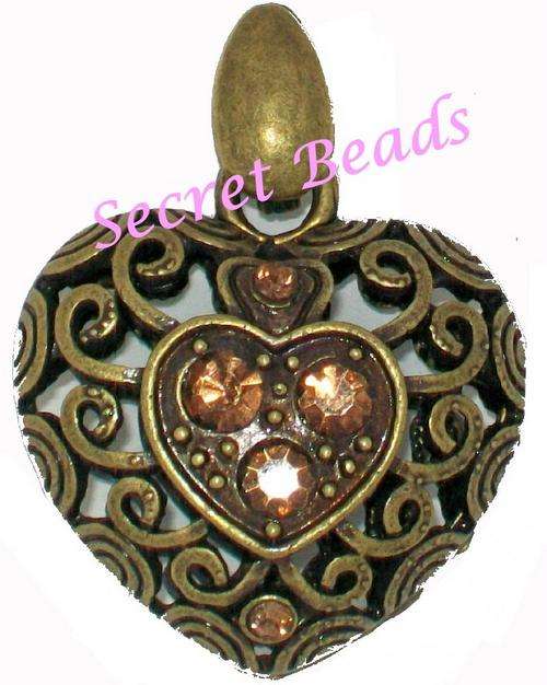Ant. Bronze Clip on Heart Pendant - Brown Diamante - 1pcs