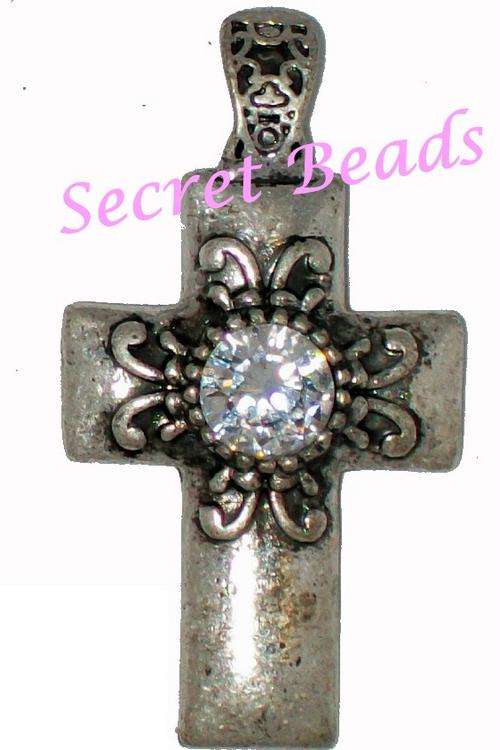 Ant. Burnished Silver Clip on Pendant - Diamond Cut Clear Glass