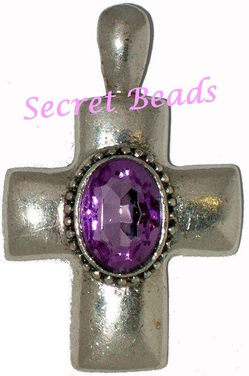 Silver Clip on Cross Pendant - Lilac Faceted Rhinestone