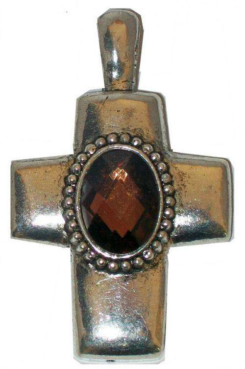 Ant. Silver Clip on Cross Pendant - Brown Faceted Rhinestone