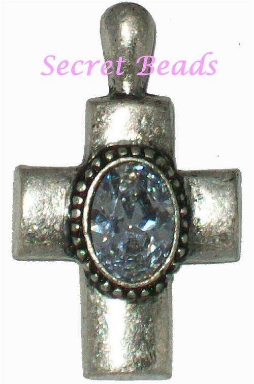 Ant. Silver Clip on Cross Pendant  with Clear Crystal Cut Glass