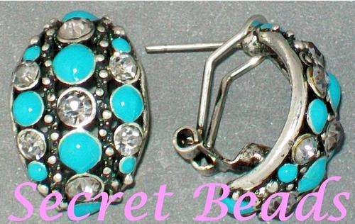 16 X 22mm - Tibetian Silver Designer Earrings - Aqua Enamel & Clear Diamante Insets