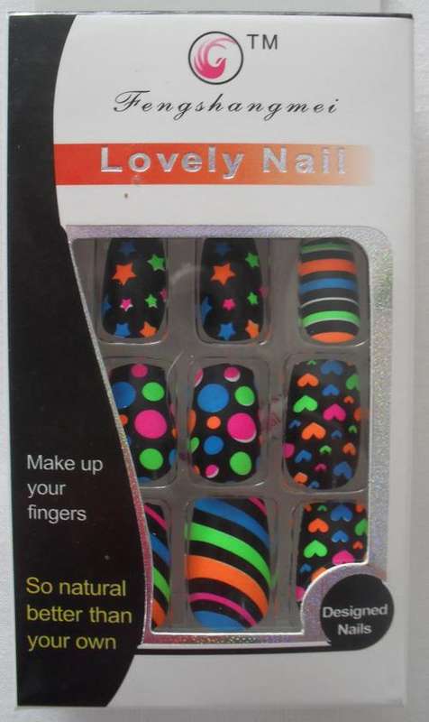 NEON PATTERNED FALSE NAILS x 10 - WITH FREE GLUE