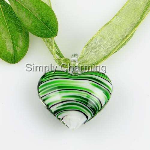 Glass Heart Pendant with Swirled Stripes of Green, Black & White - STUNNING !