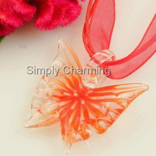 Glass Butterfly Pendant with Orange Flower Set Inside The Glass - JUST GORGEOUS !