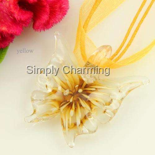 STUNNING ! Glass Butterfly Pendant with Yellow Flower Set Inside The Glass. UNIQUE !