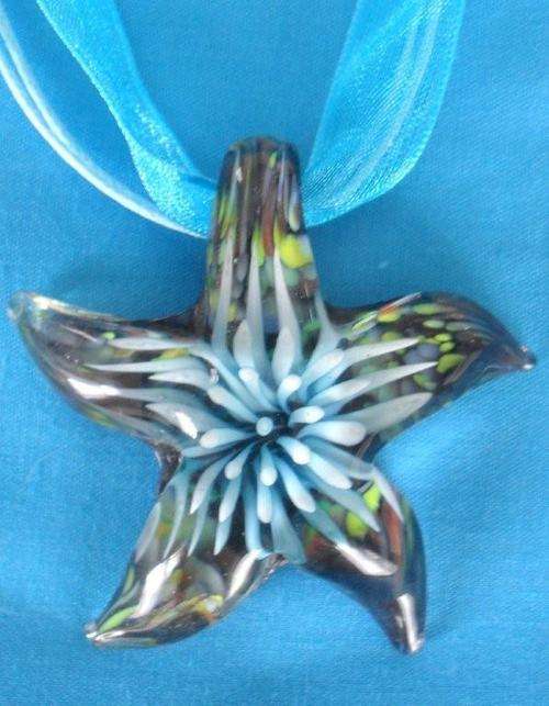 Glass Starfish Pendant with Pale Blue 3D Flower Set Inside The Glass - UNIQUE ! STUNNING !