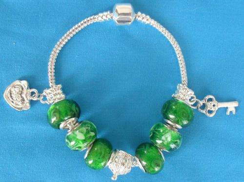 Pandora Style Bracelet with Emerald Green Glass Beads & Silver Charms - NO RESERVE !!