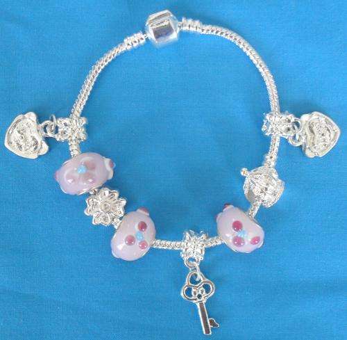 Pandora Style Bracelet with Pink Glass Beads & Silver Charms - NO RESERVE !!