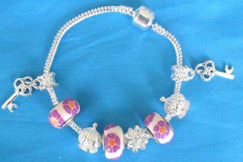 Pandora Style Bracelet with White/Purple Beads & Silver Charms