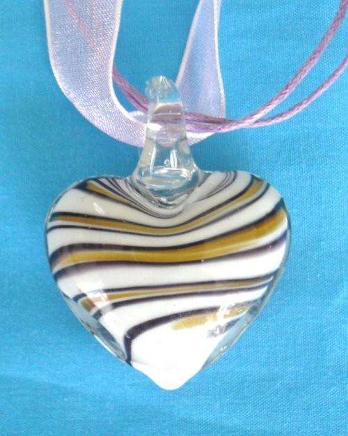 UNIQUE & BEAUTIFUL !! Glass Heart Pendant with Swirled Stripes of Yellow & Maroon - NO RESERVE !!