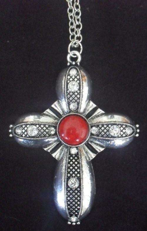 STUNNING ! Large Silver Cross Pendant with Red & Diamante Type Stones.Comes with a long chain.