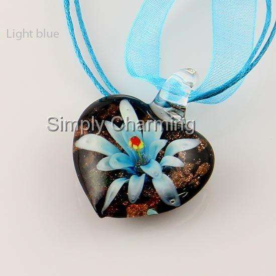 Handcrafted Glass Heart Pendant with Light Blue 3D Flower Set Inside The Glass - STUNNING !