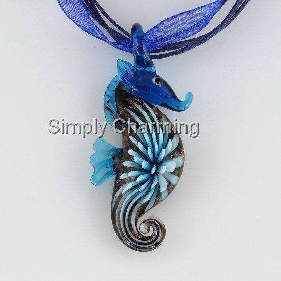 Glass Seahorse Pendant-with Light Blue 3D Flower Set Inside The Glass-HANDCRAFTED & UNIQUE !