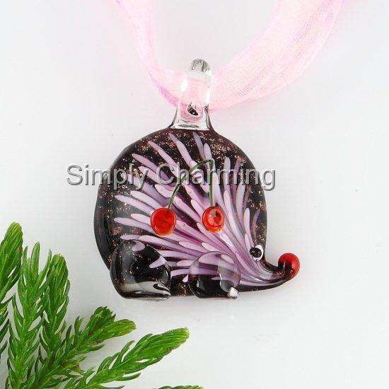 ADORABLE ! Pale Pink Glass Hedgehog Pendant - with 3D Flower Set Inside The Glass - UNIQUE !