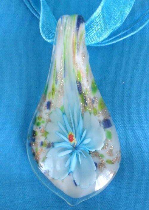 Handcrafted Glass Teardrop Pendant with Pale Blue Flower Set Inside The Glass - 3D Effect - UNIQUE!