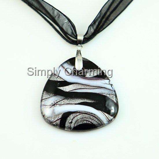 Glass Pendant with Silver Foil Background & Swirls of Black & White - HANDCRAFTED !