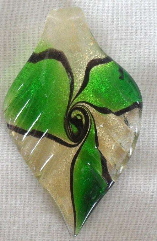 Glass Leaf Shaped Pendant with Gold Foil Base & A Striking Emerald Green Overlay - STUNNING!!!