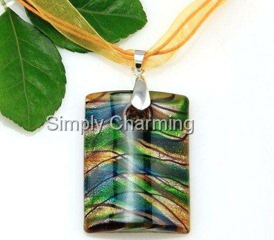 **GORGEOUS!! ** OBLONG GLASS PENDANT WITH SILVER FOIL & SWIRLED LINES OF GREEN, TURQUOISE & BROWN