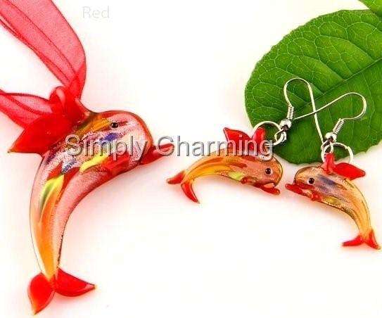 RED GLASS DOLPHIN PENDANT & EARRING SET - HANDCRAFTED & UNIQUE !