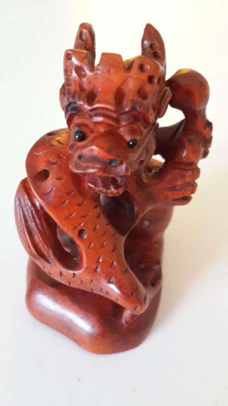 Hand-carved Hardwood Netsuke: Dragon : Signed by the artist