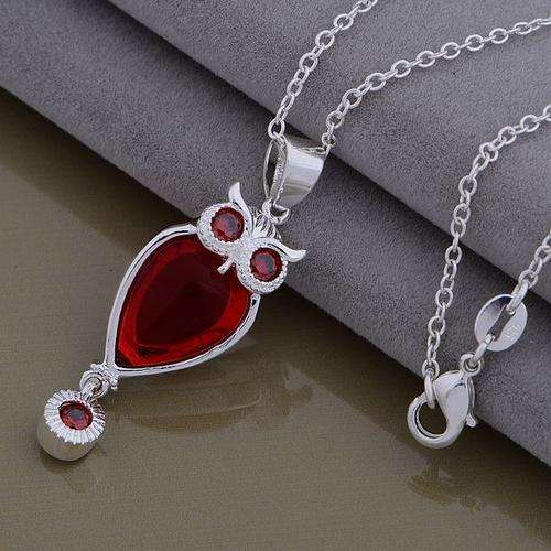 Gorgeous and popular! 925 Sterling silver plated red/silver owl pendant and necklace
